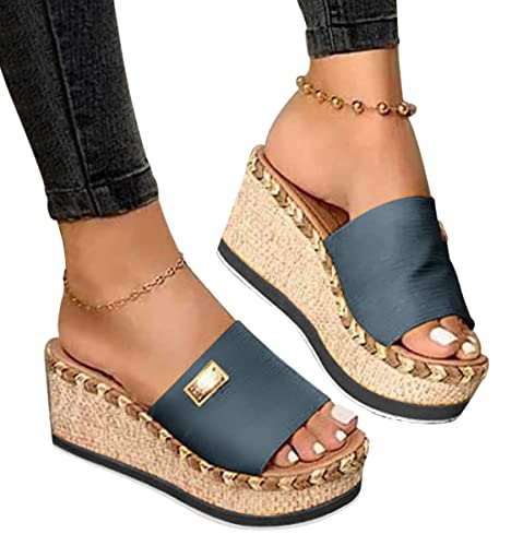 Minetom Damen Sandalen Casual Sommersandale Wedge Peep Toe High Heel Plattform Pantoletten Plateau Pantoletten Anti Skid Sandalen Flache Schuhe Strandsandalen Anti Rutsch Sandalen A Blau 37 EU von Minetom