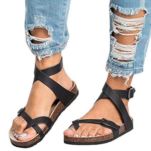 Minetom Damen Sandalen Flache Römersandalen Schnalle Thong Flip Flop Casual Sommerschuhe Retro Mit Kork-Fussbett A Schwarz 37 EU von Minetom