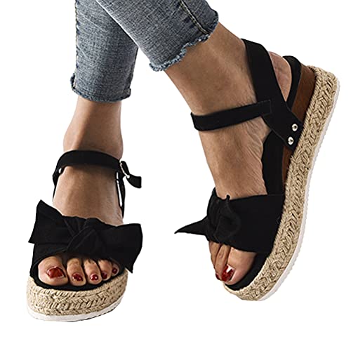 Minetom Damen Sandalen Frauen Sommer Wedge Peep Toe Sandaletten Plattform Pantoletten Keilsandalen Espadrille Leopardenmuster Schuhe C Schwarz 40 EU von Minetom