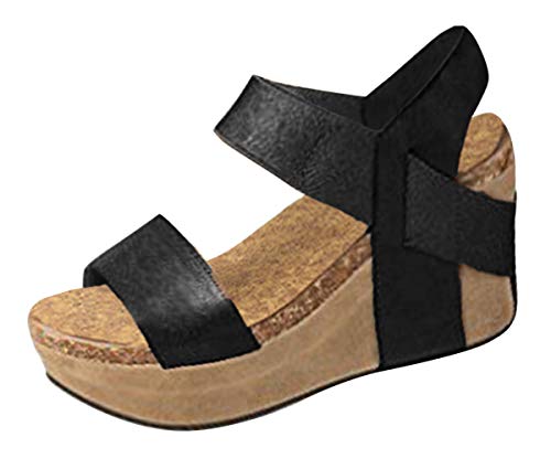 Minetom Damen Sandalen Keilabsatz Plateau Wedge Peep Toe Knöchel Schnalle Sommerschuhe A Schwarz EU 34 von Minetom