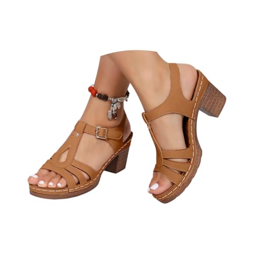 Minetom Damen Sandalen Mit Absatz Elegant Pumps Sommerschuhe Mit Blockabsatz Bequeme Casual Freizeit Open Toe High Heels Schnallensandalen A Braun 38 EU von Minetom