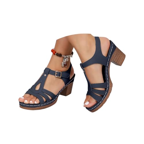 Minetom Damen Sandalen Mit Absatz Elegant Pumps Sommerschuhe Mit Blockabsatz Bequeme Casual Freizeit Open Toe High Heels Schnallensandalen A Dunkelblau 40 EU von Minetom