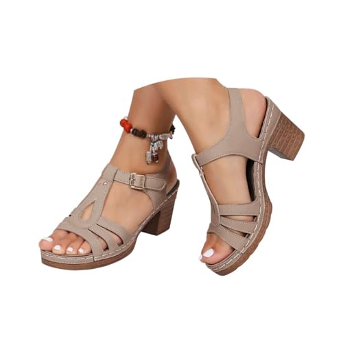 Minetom Damen Sandalen Mit Absatz Elegant Pumps Sommerschuhe Mit Blockabsatz Bequeme Casual Freizeit Open Toe High Heels Schnallensandalen A Khaki 38 EU von Minetom