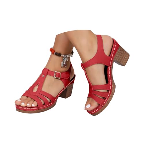 Minetom Damen Sandalen Mit Absatz Elegant Pumps Sommerschuhe Mit Blockabsatz Bequeme Casual Freizeit Open Toe High Heels Schnallensandalen A Rot 36 EU von Minetom