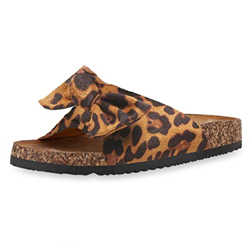 Minetom Damen Sandalen Mit Fußbett Pantoletten Mit Schleife Flache Sommerschuhe Strand Schuhe Offen Slipper Damenschuhe Leopard 43 EU von Minetom