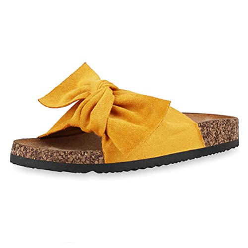 Minetom Damen Sandalen Mit Fußbett Pantoletten Mit Schleife Flache Sommerschuhe Strand Schuhe Offen Slipper Sommer Damenschuhe Gelb 39 EU von Minetom
