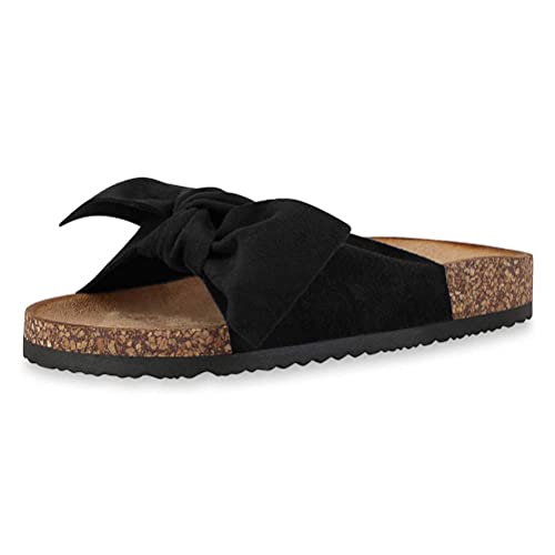 Minetom Damen Sandalen Mit Fußbett Pantoletten Mit Schleife Flache Sommerschuhe Strand Schuhe Offen Slipper Sommer Damenschuhe Schwarz 37 EU von Minetom