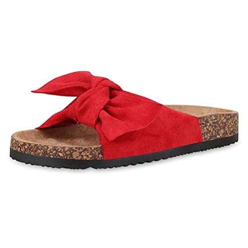 Minetom Damen Sandalen Pantoletten Mit Schleife Flache Sommerschuhe Strandschuhe Offen Slipper Sommer Damenschuhe Rot 43 EU von Minetom