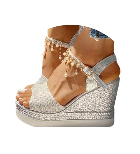 Minetom Damen Sandalen Plateau Keilsandalen Frauen Sandaletten Keilabsatz Sommerschuhe Platform Strassperle Knöchelriemen Sandalen A Silber 35 EU von Minetom