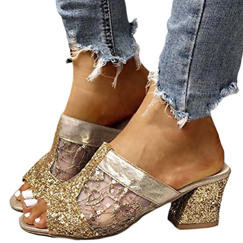 Minetom Damen Sandalen Pumps Blockabsatz High Heels Sommerschuhe Metall Sandals Party Freizeit Hochzeit Hochhackige Abendschuhe Hausschuhe A Gold 41 EU von Minetom