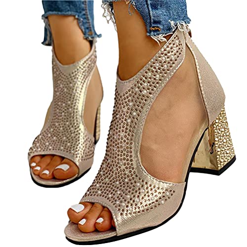 Minetom Damen Sandalen Pumps Blockabsatz High Heels Sommerschuhe Reißverschluss Sandals Party Freizeit Hochzeit Hochhackige Abendschuhe D Gold 37 EU von Minetom