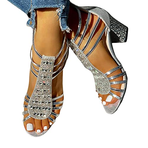 Minetom Damen Sandalen Pumps Blockabsatz High Heels Sommerschuhe Reißverschluss Sandals Party Hochzeit Hochhackige Abendschuhe A Silber 36 EU von Minetom