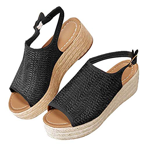 Minetom Damen Sandalen Sommer Casual Flach Wedge Schuhe Bequeme Peep Toe Strand Urlaub Elegant Geflochtene Sandalen Schwarz 40 EU von Minetom