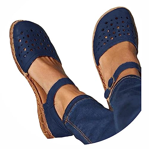 Minetom Damen Sandalen Sommer Flach Sandaletten Halbschuhe Vintage Hohl Runde Zehe Frauen Schuhe Mary Jane Halbschuh Strandsandalen A Marine 39 EU von Minetom