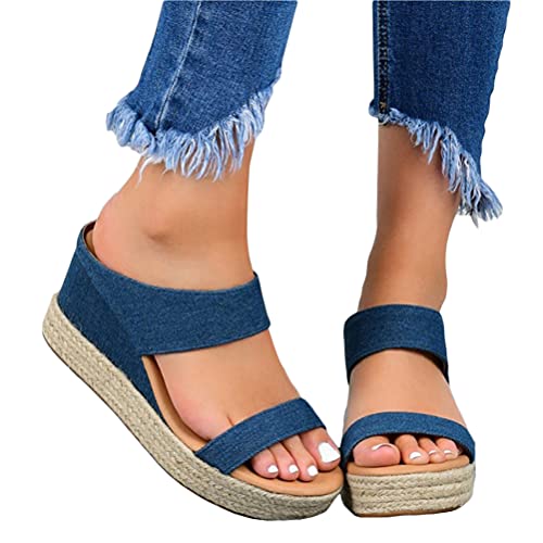 Minetom Damen Sandalen Sommer Wedge Peep Toe Platform Pantoletten Sandalen Espadrilles Römersandalen Strandsandalen Slides Hausschuhe A Blau 42 EU von Minetom