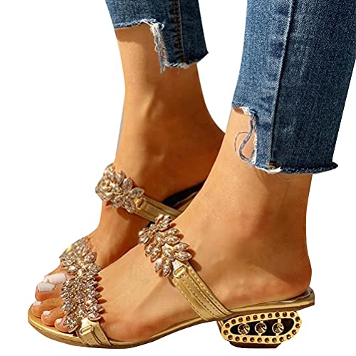 Minetom Damen Sandalen mit Absatz Sommer Sandaletten Strass Elegante Wedge Glitzer Sandals Flip Flops Hausschuhe Zehentrenner C Gold 39 EU von Minetom