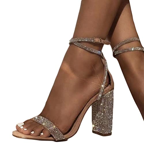 Minetom Damen Sandaletten High Heels Bling Blockabsatz Peep Toe Sandalen Knöchel Schnalle Abend Party Freizeit Hochzeit Sommer Schuhe B Gold 37 EU von Minetom