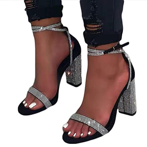 Minetom Damen Sandaletten High Heels Bling Blockabsatz Peep Toe Sandalen Knöchel Schnalle Abend Party Freizeit Hochzeit Sommer Schuhe B Schwarz 43 EU von Minetom