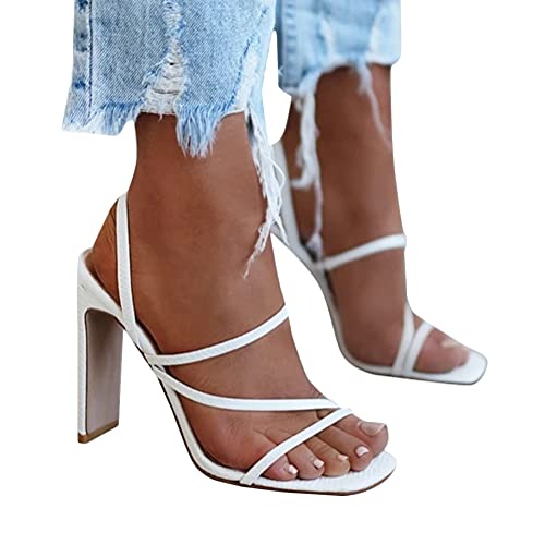 Minetom Damen Sandaletten High Heels Stiletto Reißverschluss Sexy Open Toe Hohl Kreuzgurt Sandalen Abend Party Braut Schuhe B Weiß 39 EU von Minetom