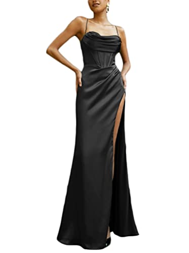 Minetom Damen Satin Kleid Spaghettiträger Partykleid Bodycon Split Maxikleid Abendkleid Kleid Lang Party Ballkleid H Schwarz XL von Minetom