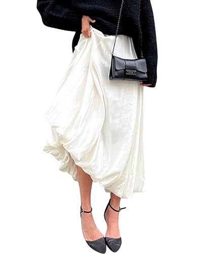 Minetom Damen Satin Maxirock Lang Rock Frauen Festlich Freizeitrock Einfarbig Langrock Hochzeit Cocktail Hohe Taille Skirt Mit Knospensaum A Weiß M von Minetom