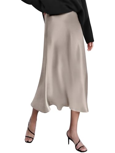 Minetom Damen Satin Rock Lang Hohe Taille Skirt Midirock Frühling Sommer Midi Business Einfarbig Rock Mit Reißverschluss A Aprikose XS von Minetom