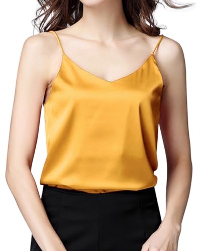 Minetom Damen Satin Tank Top Ärmellose Blusentop Basic Cami Shirt Camisole Sommer Weste V-Ausschnitt Oberteile Spitze Bluse Tops A Gelb XL von Minetom