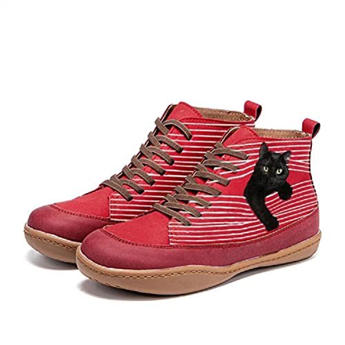 Minetom Damen Schnürstiefeletten Katzendruck Ankle Boots Stiefeletten Flache Schnürsenkel Wanderschuhe Kurzschaft Stiefel Schuhe C Rot 42 EU Minetom Damen Schnürstiefeletten Katzendruck Ankle Boots Stiefeletten Flache Schnürsenkel Wanderschuhe Kurzschaft Stiefel Schuhe C Rot 42 EU von Minetom