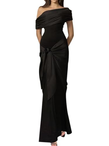 Minetom Damen Schulterfrei Maxikleid Partykleid Elegante Lange Kleider Hochzeit Festlich Abendkleid Partykleid Cocktailkleid Wickelkleid Ballkleid Brautjungfer Kleid B Schwarz XS von Minetom
