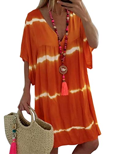 Minetom Damen Schulterfrei Strandkleid Bikini Cover Up Bikinikleid Beachwear Hemdkleid Kurzarm V-Ausschnitt Streifen Kleid Große Größe A Orange DE 44 von Minetom