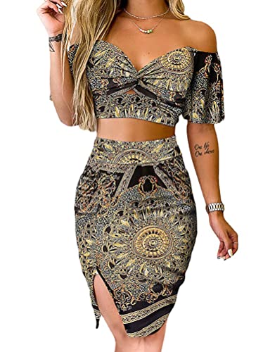 Minetom Damen Schulterfreies Oberteil und Minirock Set Damen Blumendruck Top und Rock Set 2-Teiler Bluse Bodycon Rock mit Schlitz Outfit C Schwarz L von Minetom