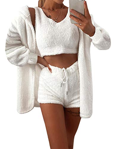 Minetom Damen Sexy Fuzzy Warm Fleece 3-teiliges Outfit Fleece Mantel Jacke Outwear und Spaghettiträger Crop Top Shorts Set B Weiß 40 von Minetom