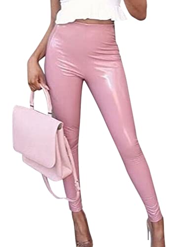 Minetom Damen Sexy Hohe Taille Skinny Kunstleder Leggings PU Leder Hose Lederhosen Leggins Strumpfhosen Slim Fitness Stretch Hose D Rosa S von Minetom