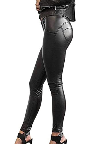 Minetom Damen Sexy Hohe Taille Skinny Kunstleder Leggings PU Leder Hose Lederhosen Leggins Strumpfhosen Treggings C Schwarz M von Minetom