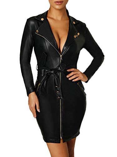 Minetom Damen Sexy Kleid Partykleid Clubwear PU Leder Wetlook Etuikleid Bleistiftkleid Reißverschluss V-Ausschnitt Langarm Bodycon Cocktail Kleider A Schwarz L von Minetom