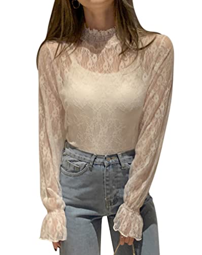 Minetom Damen Sexy Mesh Spitze Oberteile Langarm Durchsichtige T-Shirt Rollkragen Transparent Tüll Hemd Shirt Casual Bluse Top C Weiß L von Minetom