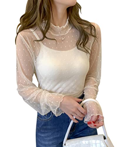 Minetom Damen Sexy Mesh Spitze Oberteile Langarm Durchsichtige T-Shirt Rollkragen Transparent Tüll Hemd Shirt Casual Bluse Top D Beige M von Minetom