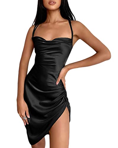 Minetom Damen Sexy Riemen Kleid Rüschen Satin Seite Kordelzug Mini Cami Dress A Schwarz M von Minetom