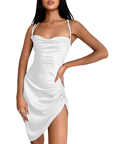 Minetom Damen Sexy Riemen Kleid Rüschen Satin Seite Kordelzug Mini Cami Dress A Weiß M von Minetom