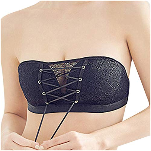 Minetom Damen Sexy Spitzen-BH Bandeau Unsichtbares Spitze Kordeln Bralette Lift Bustier Zusammenziehbarer Kordelzug Trägerloser BH Ohne Stahlring Bra Z1 Schwarz 80A von Minetom
