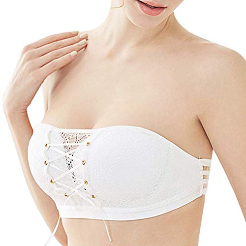 Minetom Damen Sexy Spitzen-BH Bandeau Unsichtbares Spitze Kordeln Bralette Lift Bustier Zusammenziehbarer Kordelzug Trägerloser BH Ohne Stahlring Bra Z1 Weiß 70A von Minetom