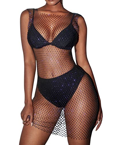 Minetom Damen Sexy Strass Durchsichtig Mesh Mini Kleid Bikini Badeanzug Cover Up Party Festival Club Minikleid Clubwear Blau M von Minetom