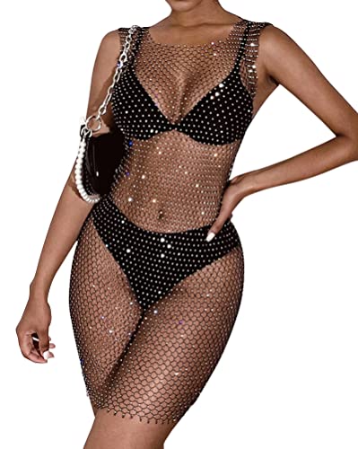 Minetom Damen Sexy Strass Durchsichtig Mesh Mini Kleid Bikini Badeanzug Cover Up Party Festival Club Minikleid Clubwear Schwarz 1 S von Minetom