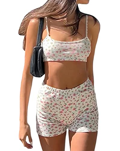 Minetom Damen Sexy Strickoverall Langarm Y2K Blumen Bedruckter Bodysuit Jumpsuits Playsuit Streetwear Schlafanzug Ärmellos Pyjama Set Sleepwear Zweiteilige Nachthemd Mit Shorts G Rosa XS von Minetom