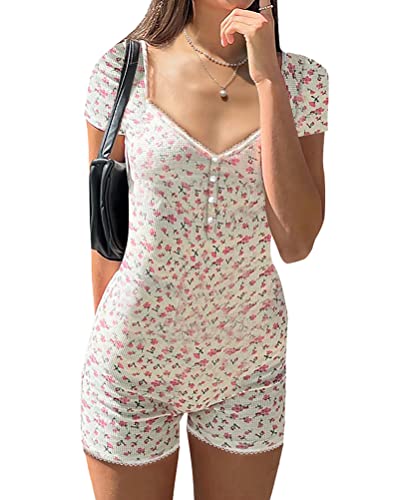 Minetom Damen Sexy Strickoverall Langarm Y2K Blumen Bedruckter Bodysuit Jumpsuits Playsuit Streetwear Schlafanzug Ärmellos Pyjama Set Sleepwear Zweiteilige Nachthemd Mit Shorts K Rosa XS von Minetom