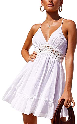 Minetom Damen Sexy V Ausschnitt Ärmellos Kleid Spitzenkleid Träger Rückenfreies A-Linie Mini Kleider Sommerkleider Strandkleider Clubwear Weiß 02 DE 36 von Minetom