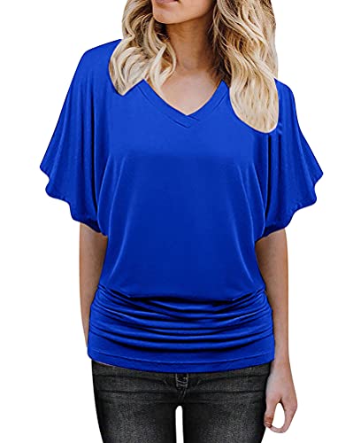 Minetom Damen Shirt Fledermaus V-Ausschnitt Blusenshirt Ruffles Kurzarm Bluse Tunika Übergröße Oberteile Locker Lässig Tops A Blau XL von Minetom