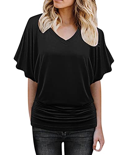 Minetom Damen Shirt Fledermaus V-Ausschnitt Blusenshirt Ruffles Kurzarm Bluse Tunika Übergröße Oberteile Locker Lässig Tops A Schwarz 3XL von Minetom