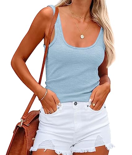 Minetom Damen Shirts U-Ausschnitt Ärmellose Sommer Tops Elastische Tank Top Slim Fit Unterhemden Geripptes Oberteil A Hellblau M von Minetom