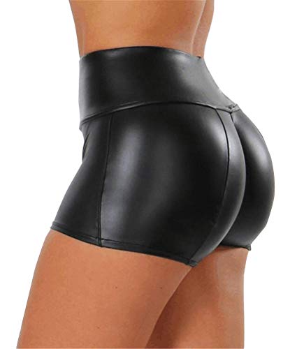 Minetom Damen Shorts Kunstleder Hotpants Fitness Shorts Kurze Leggings Yogahose Sporthose Laufshorts Sexy Pu Leder Kurze Hosen E Schwarz Large von Minetom